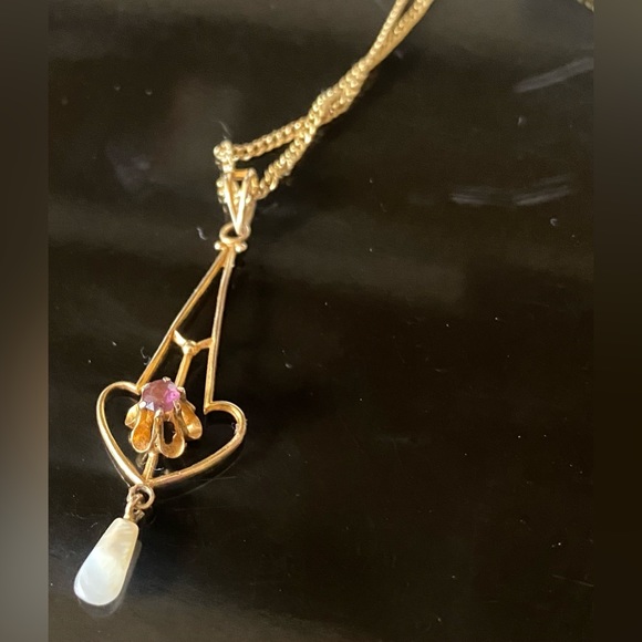 Antique Victorian Edwardian 10K Yellow Gold Lavaliere & Chain Gem Pearl Stamped - Picture 4 of 16